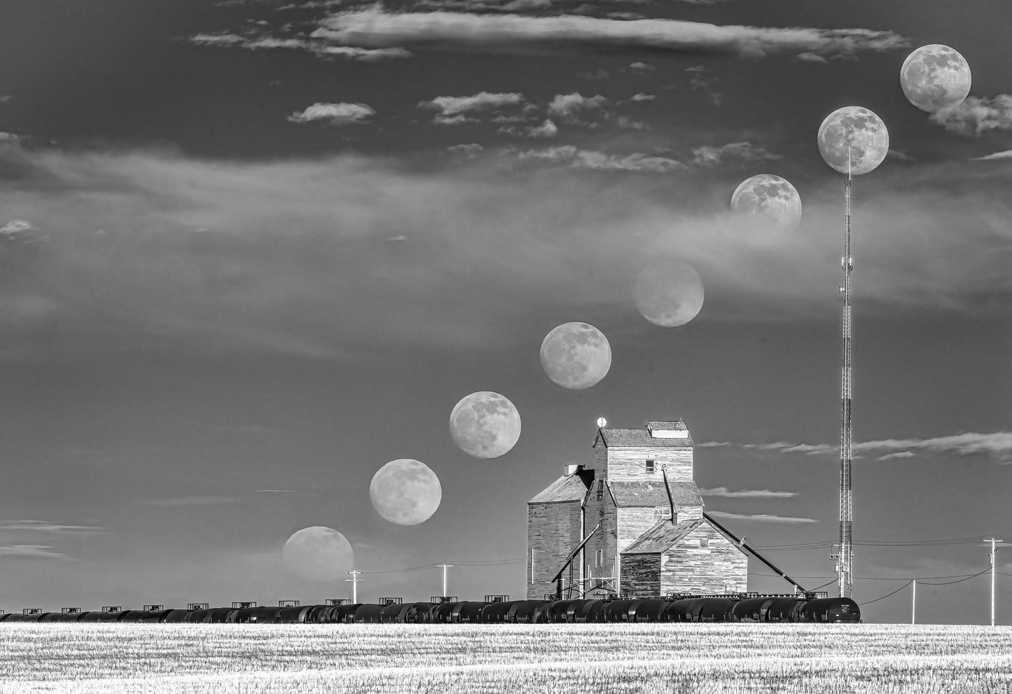 Greeting Cards Single card - Super Flower Moon over Grain Elevator